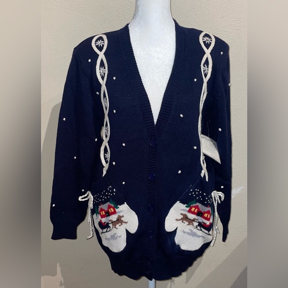 Susan Bristol Vintage 1992 Women’s NWT Size M Navy Christmas Sweater Cardigan - Picture 2 of 15